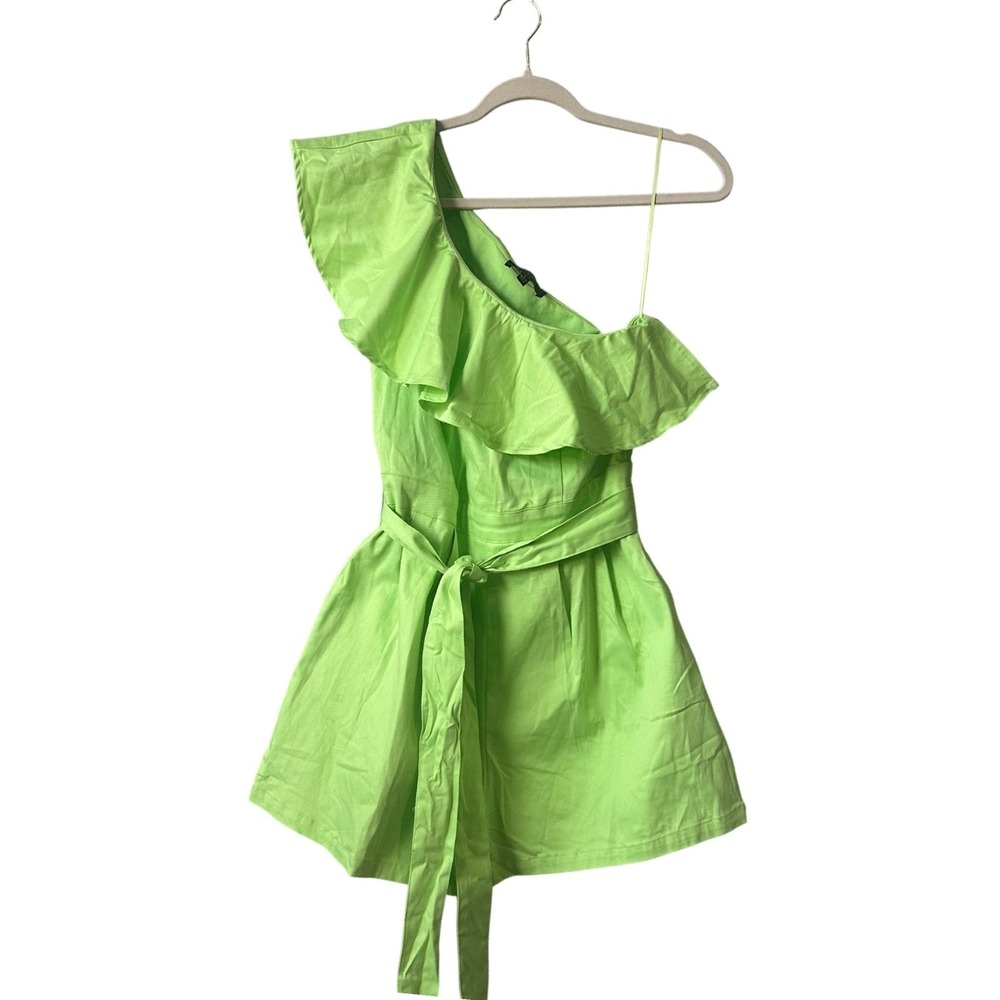 Flying Tomato One Shoulder Ruffle Romper Belted Green Cute‎ Size L Anthropologie